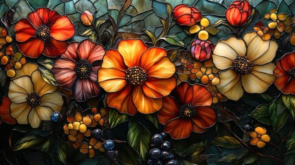 Fototapeta premium Stained glass floral artwork; vibrant blooms.