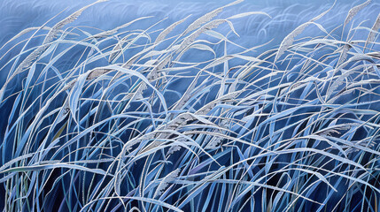 Frosty grass blades in early morning, delicate winter textures and intricate details