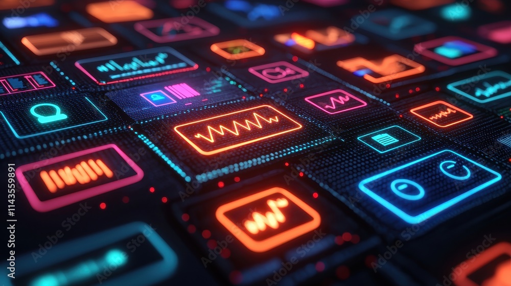 Aufkleber colorful digital interface with neon icons and graphs in technology background