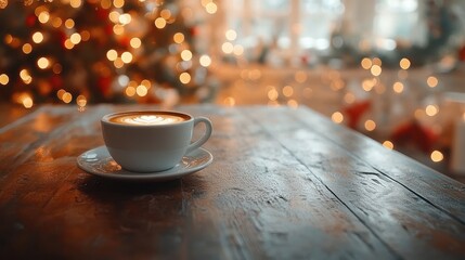 cup of coffee on a table and chrismas bokeh background
