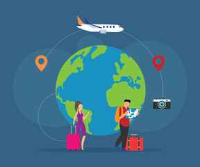 Global Travel Concept with Tourists, Airplane, and Globe 2d flat vector illustrations