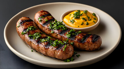 Stylized food photography of grilled kielbasa sausages with a crispy exterior, served on a rustic plate, garnished with fresh herbs and vegetables, showcasing a vibrant and appetizing presentation per