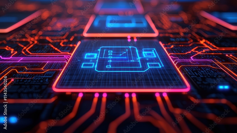 Poster futuristic circuit board design with neon lights and digital elements
