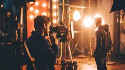 Journalist holding microphone conducting interview with celebrity in modern studio setting, capturing dynamic interaction and professional atmosphere.