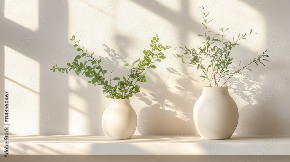 Aufkleber three minimalist vases with greenery displayed on a shelf in soft afternoon light