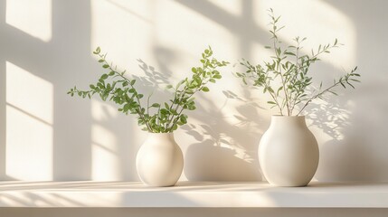 Three minimalist vases with greenery displayed on a shelf in soft afternoon light