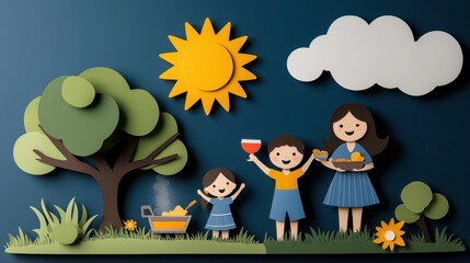 Naklejka premium Happy family enjoying time together during a picnic and outdoor activities in an idyllic garden setting with a tree clouds and sun The children a boy and a girl