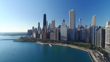 Obraz premium Chicago Skyline: A Sunny Day Aerial View. AI Generated