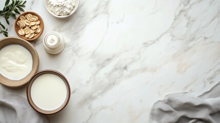 Dairy products on white marble background. Copy Space 