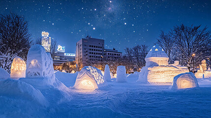 "A picturesque panorama of the Sapporo Snow Festival, featuring a lineup of intricately designed snow sculptures illuminated against a starry night sky, 