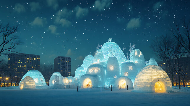 "A picturesque panorama of the Sapporo Snow Festival, featuring a lineup of intricately designed snow sculptures illuminated against a starry night sky, 