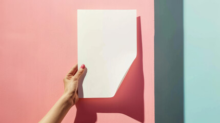 Hand-held poster mockup, minimalist style, blank background, perfect for showcasing modern designs