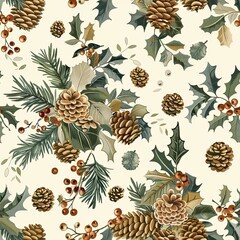 Fototapeta premium Earthy-toned pine cones, holly leaves, and berries , seamless festive pattern on a cream background. Christmas and New Year.