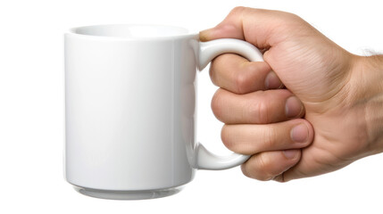 Hand holding a ceramic mug, detailed close-up, clean white background, ideal for displaying custom designs