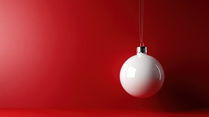 Hanging white christmas ball or bauble frame border isolated on red background with shadow minimal conceptual 3D