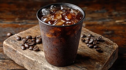 Close up of a refreshing iced black coffee or Americano in a cup on a wooden surface with room for text or images. Copy space image. Place for adding text and design