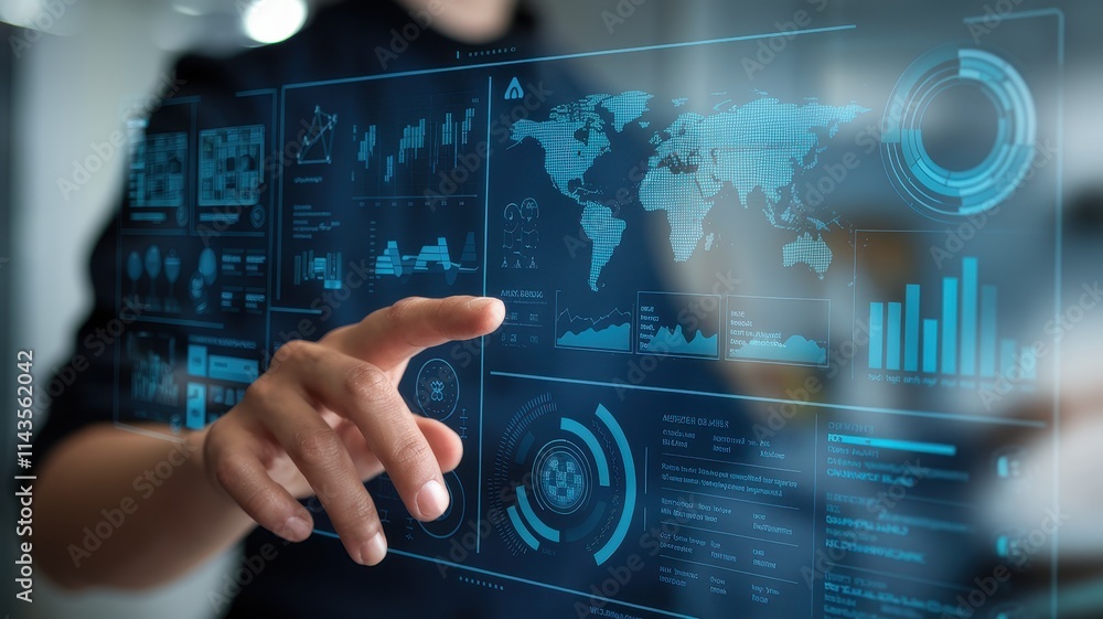Poster person interacting with futuristic data visualization interface