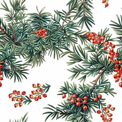 Lush seamless pattern with yew flowers, green leaves, and red berries, creating a botanical-inspired Christmas design.