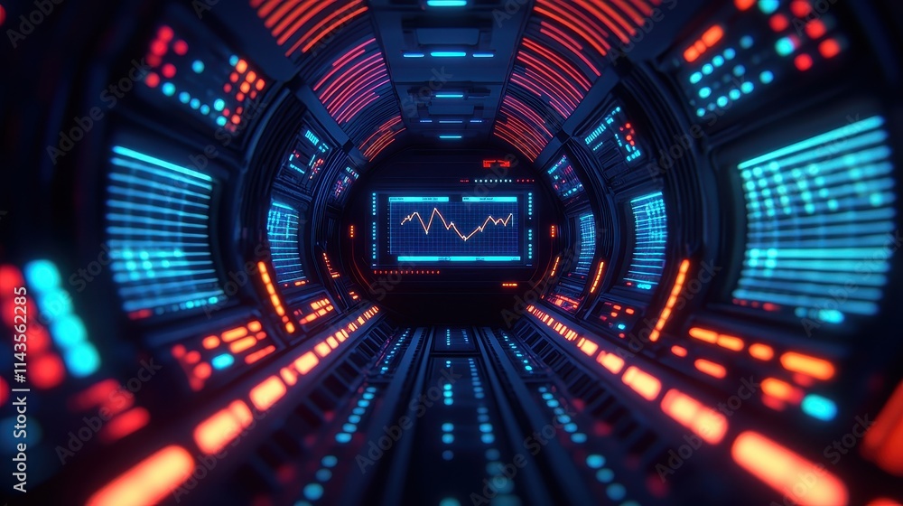 Poster futuristic data visualization in a high-tech digital tunnel