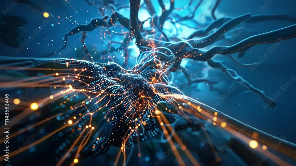 Poster complex network of interconnected nodes and glowing lines, creating a futuristic tree like structure