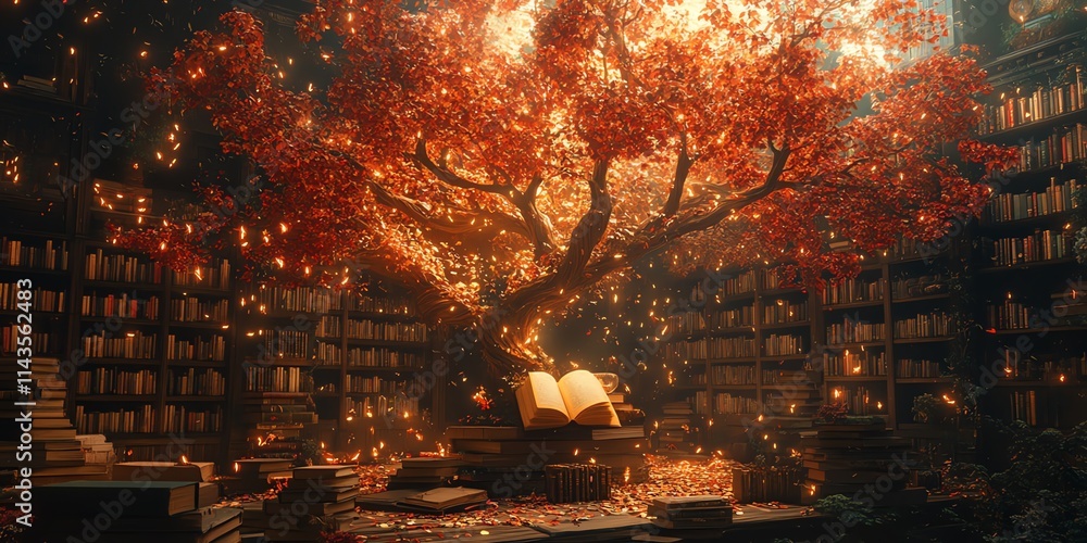Poster a mystical library with a glowing tree and floating books, evoking wonder and knowledge.