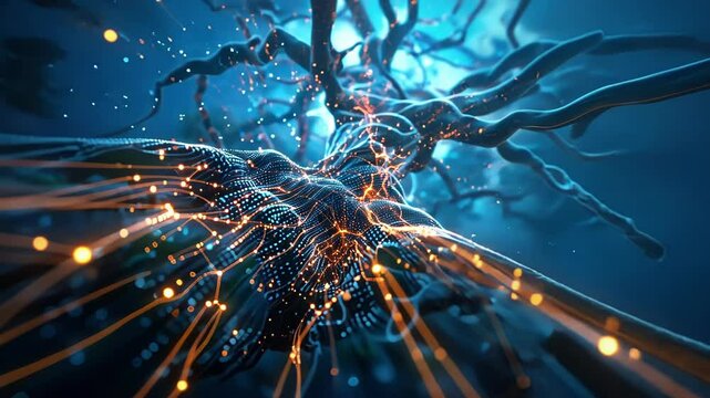 Complex network of interconnected nodes and glowing lines, creating a futuristic tree like structure, symbolizing big data flow and information processing