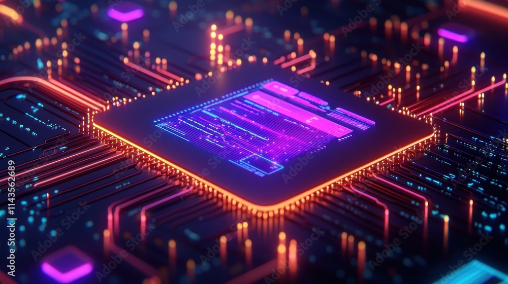 Poster futuristic microchip with colorful circuit board and neon lights