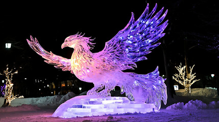 "An artistic ice sculpture of a phoenix in flight, beautifully lit with multicolored lights, creating a dramatic centerpiece at the Sapporo Snow Festival, 