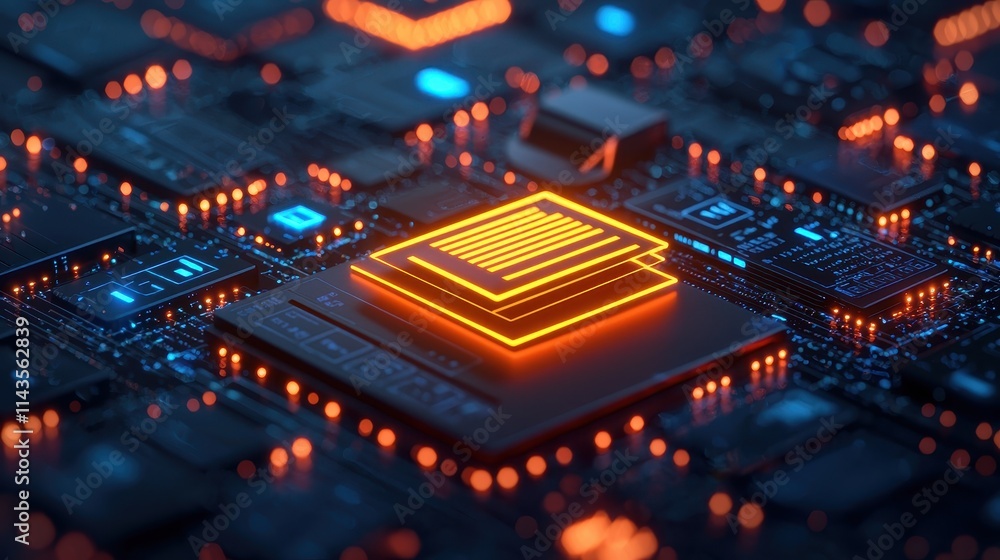 Poster glowing microchip with orange lines on dark circuit board background