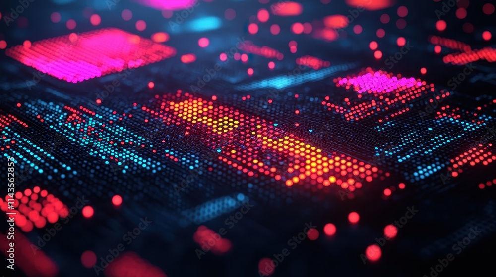 Poster abstract digital pattern with glowing elements in red and blue
