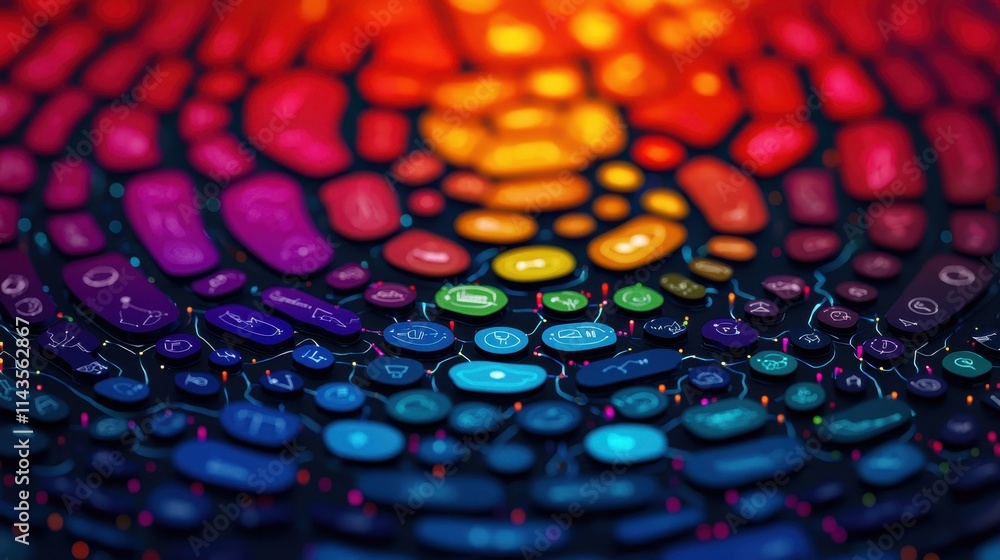 Poster colorful keyboard keys blending in a vibrant circular pattern