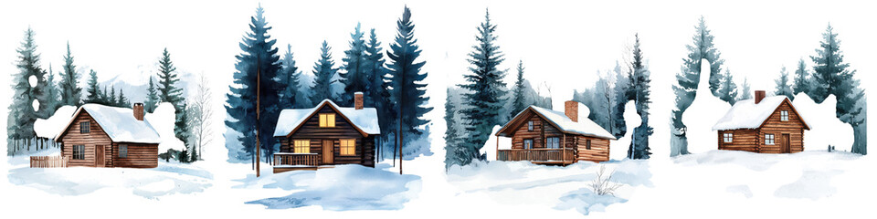 Cozy Wooden Cabins Nestled in Snowy Winter Forest Landscape with Pine Trees and Mountains