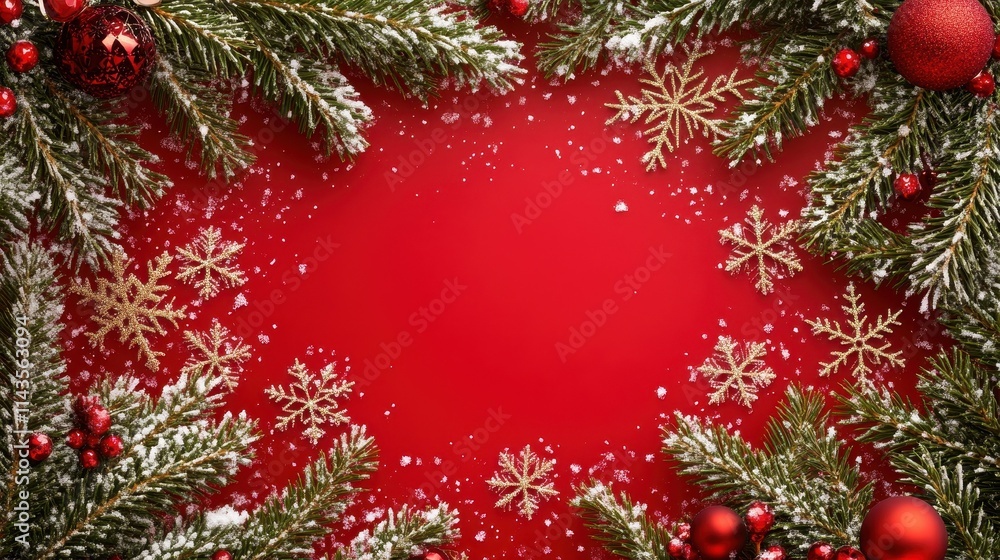 Poster Elegant christmas background with snowflakes and spruce branch frame, perfect for adding text