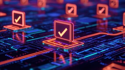 Digital Network with Neon Check Marks on Computer Screens