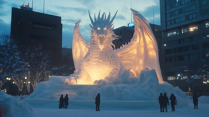 "An enchanting snow sculpture of a mythical dragon, surrounded by festival lights, creating a magical ambiance in the heart of the Sapporo Snow Festival, 