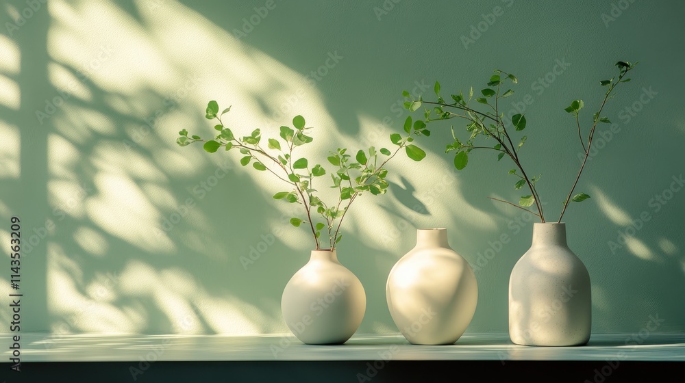 Poster three minimalist vases with greenery displayed on a shelf in soft afternoon light