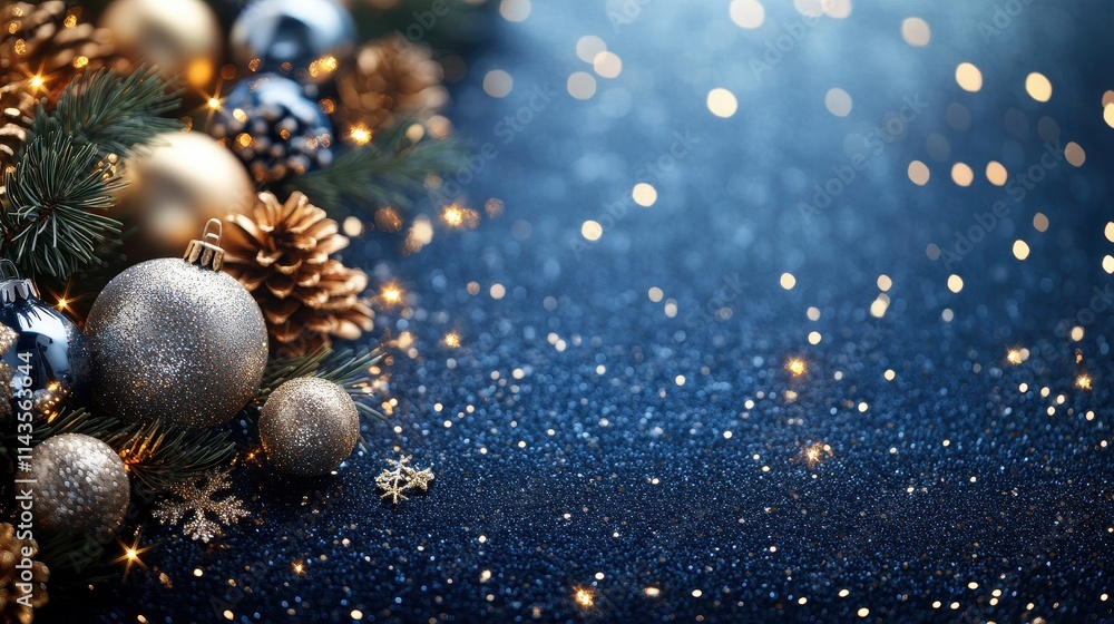 Poster elegant christmas background with a blend of gold and silver sparkles on a dark navy canvas. the spa