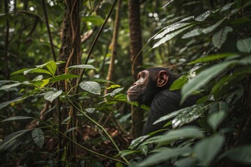 Obraz premium Chimpanzee in Dense Jungle Foliage