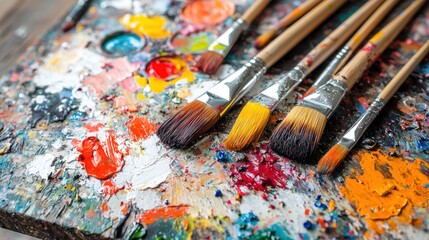 Fototapeta premium A vibrant artist's palette with various paint colors and brushes arranged artistically, showcasing creativity and artistic tools.