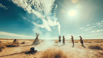 Indigenous people using smoke signals in a vast desert, strong sunlight, clear skies