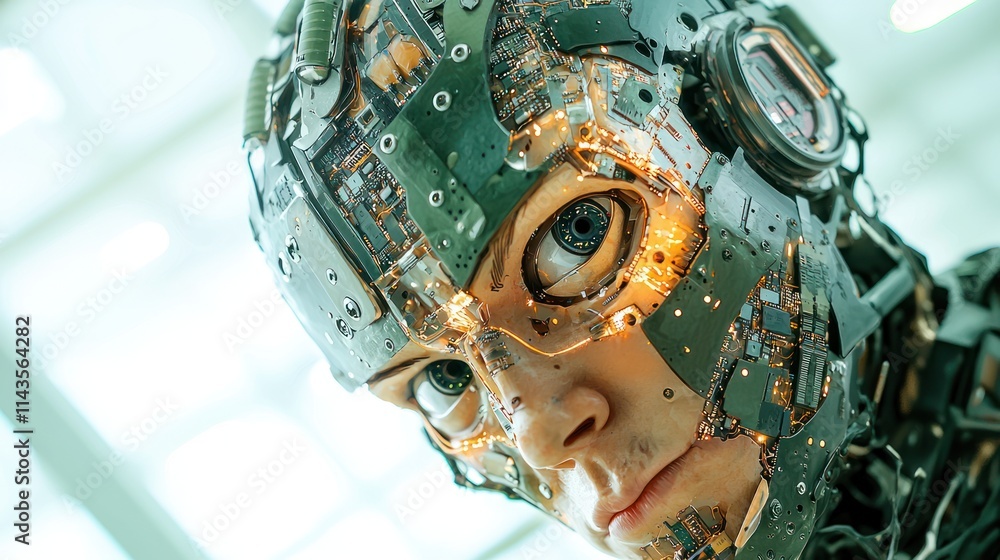 Poster a close-up of a humanoid robot showcasing intricate circuitry and glowing components, blending techn