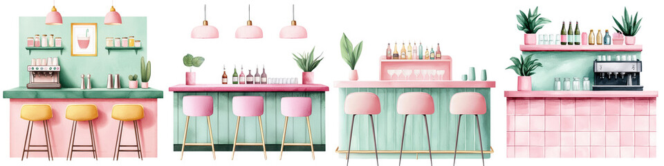 Stylish and Vibrant Pastel Hued Cafe or Bar Interior with Retro Furnishings and Decor Elements