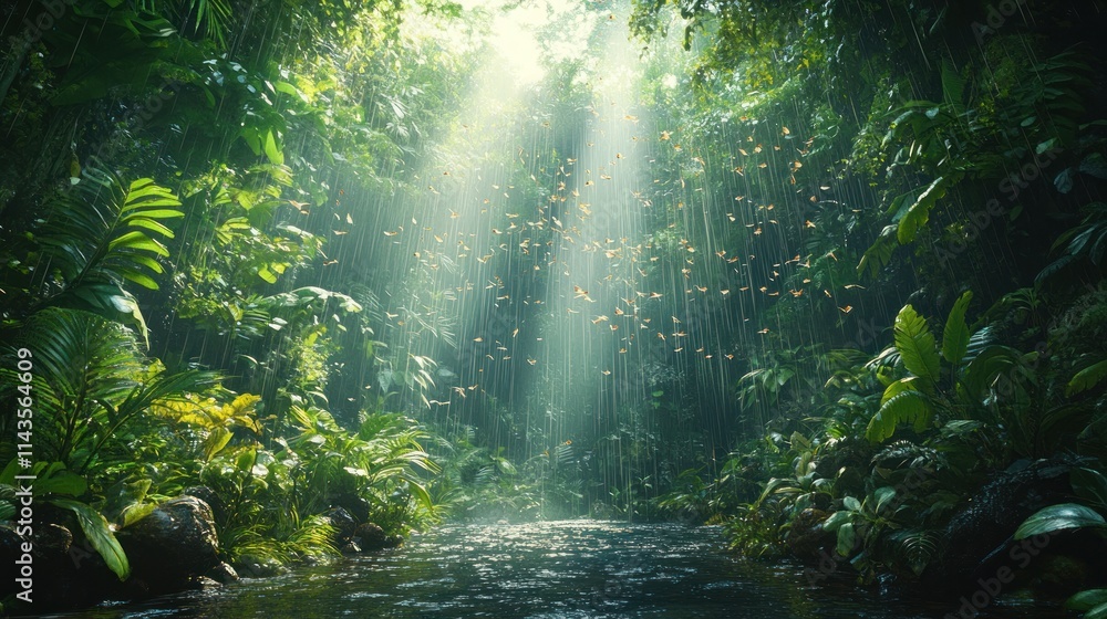Poster sunbeams illuminate lush rainforest path with flowing stream and insects.