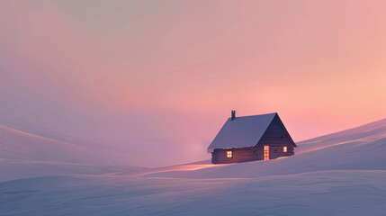 Isolated cabin in the middle of a snowy landscape, minimal composition emphasizing solitude