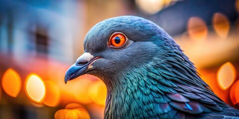 Gray City Pigeon Close-Up, Orange Eyes, Long Exposure Photography, Urban Bird, Wildlife