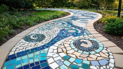 A winding mosaic pathway adorned with blue and green tiles, surrounded by lush greenery, inviting visitors to explore.