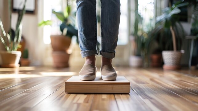 Person performing step exercise on wooden floor with focus on balance and movement, fitness and agility training concept.