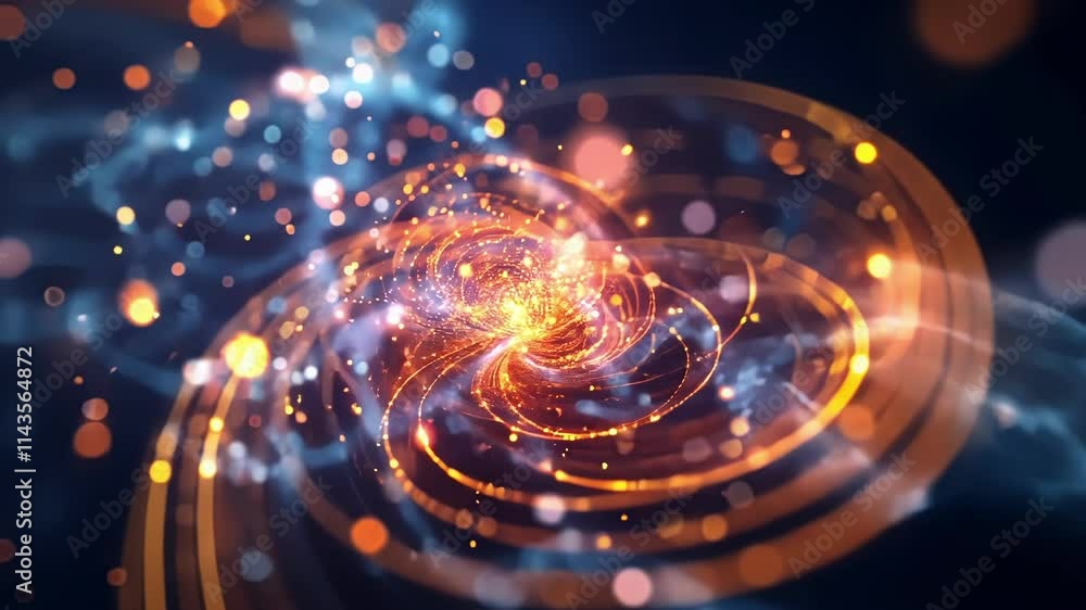 Poster bright swirling and glowing particles creating a futuristic galaxy with a bokeh effect, perfect for 