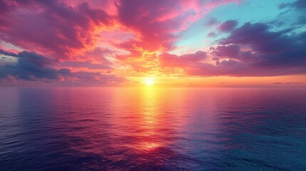 Fototapeta premium Vibrant sunset over calm ocean; colorful clouds reflecting on water.