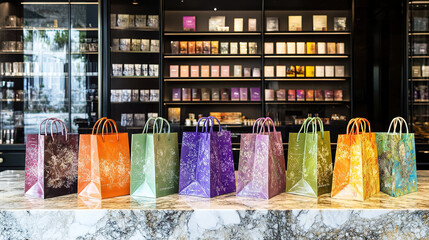Shopping bags neatly arranged on a sleek counter, symbolizing the balance between consumerism and organization in modern retail environments.